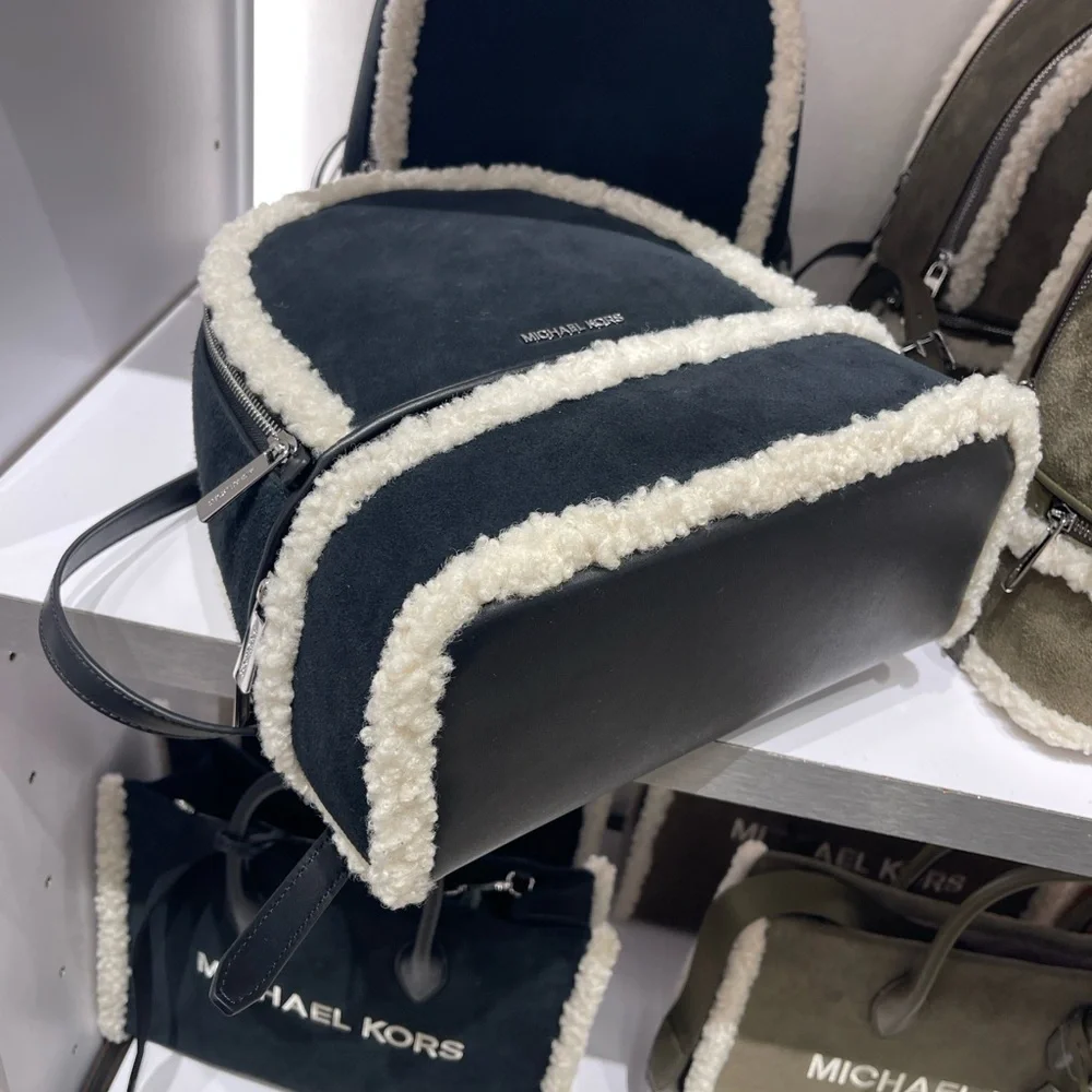 MICHAEL KORS Rhea Medium Suede and Faux Shearling Backpack Black NWT
